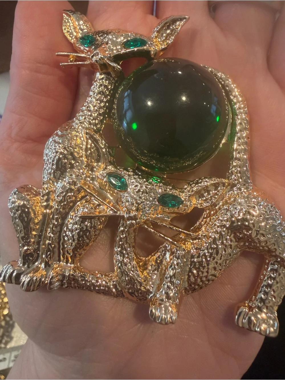 LARGE Vintage Gold Cat Brooch with Emerald Green Accents. Kitschy Anthropomorphi